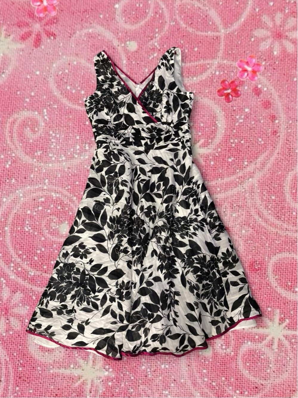 Amanda Lane Black & White Floral Midi Dress with Pink Trim